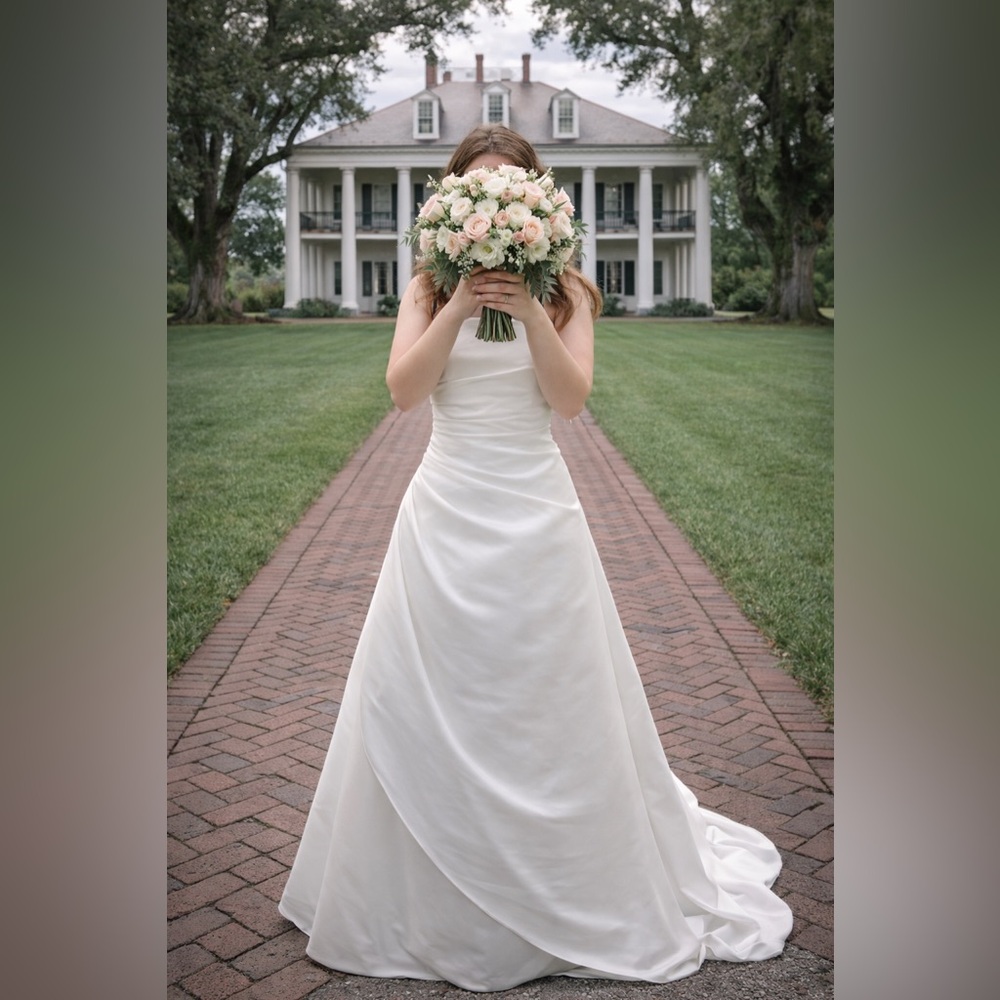 David's Bridal Ivory Satin Ruched A-Line Wedding Gown